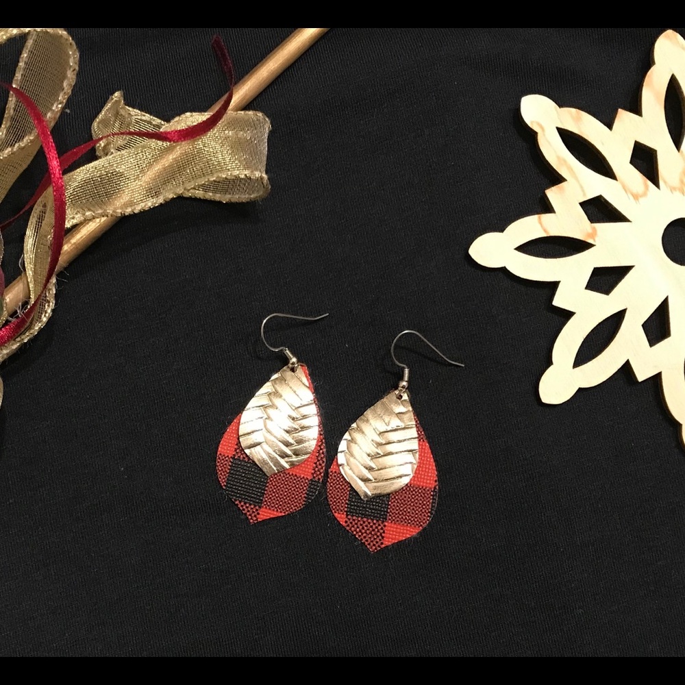 Buffalo plaid/light gold faux leather earrings
